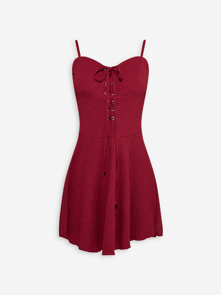 Westside Nuon Women's Wine Textured A-Line Dress for Casual Wear Flatly View