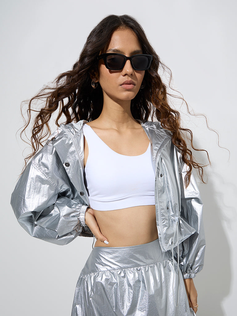Westside Nuon Women's Silver Metallic Jacket for Casual Wear Front View