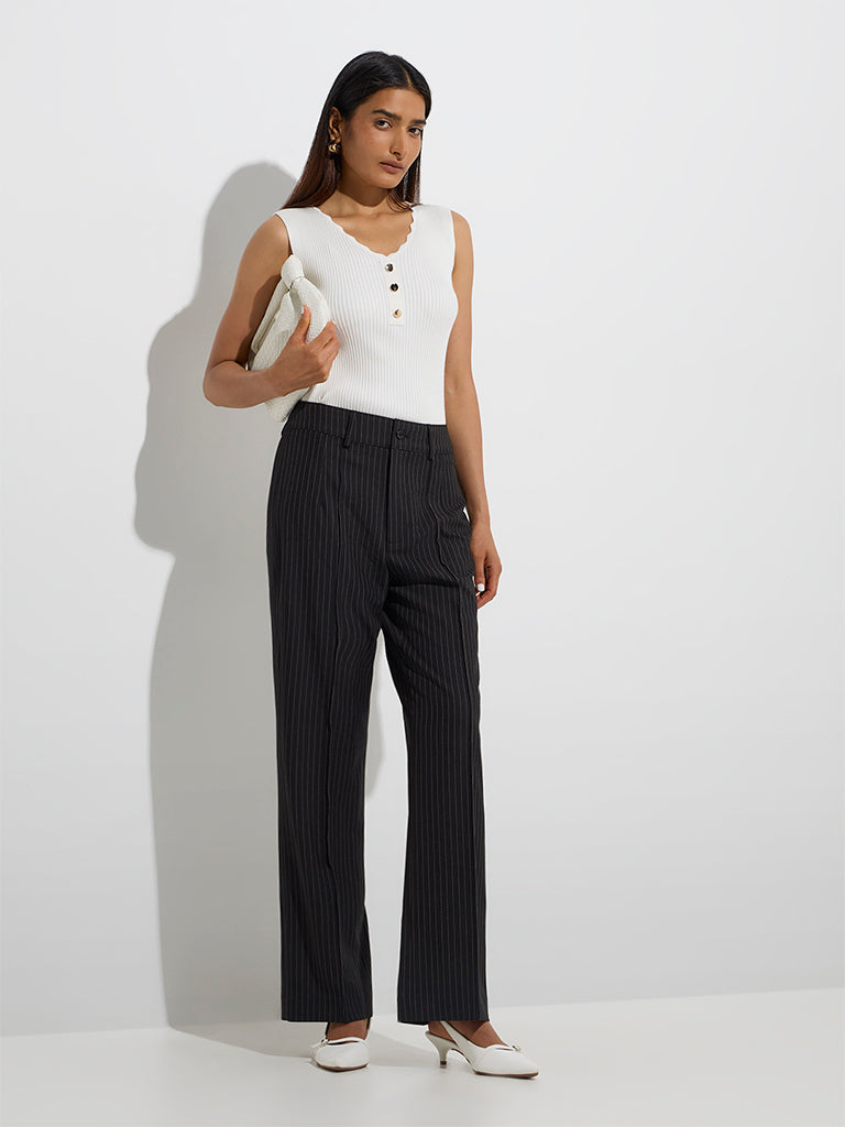 Westside Wardrobe Women's Black Pinstriped High-Rise Trousers for Work Wear Full View
