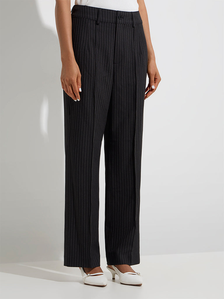 Westside Wardrobe Women's Black Pinstriped High-Rise Trousers for Work Wear Front View