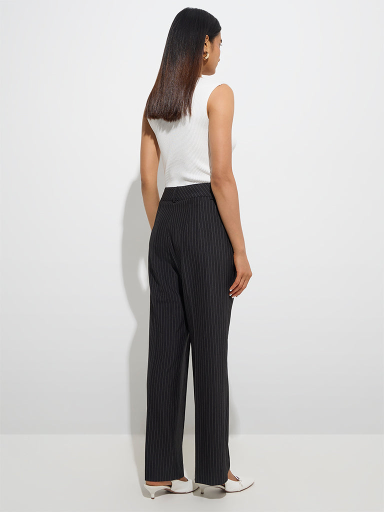 Westside Wardrobe Women's Black Pinstriped High-Rise Trousers for Work Wear Back View