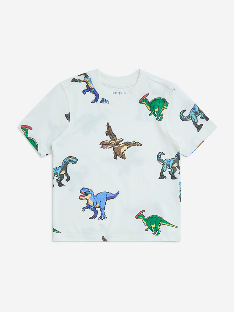 Westside HOP Boys Kids White Dinosaur Printed Cotton T-Shirt for Casual Wear Front View