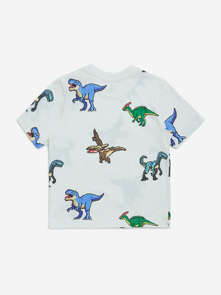 Westside HOP Boys Kids White Dinosaur Printed Cotton T-Shirt for Casual Wear Back View
