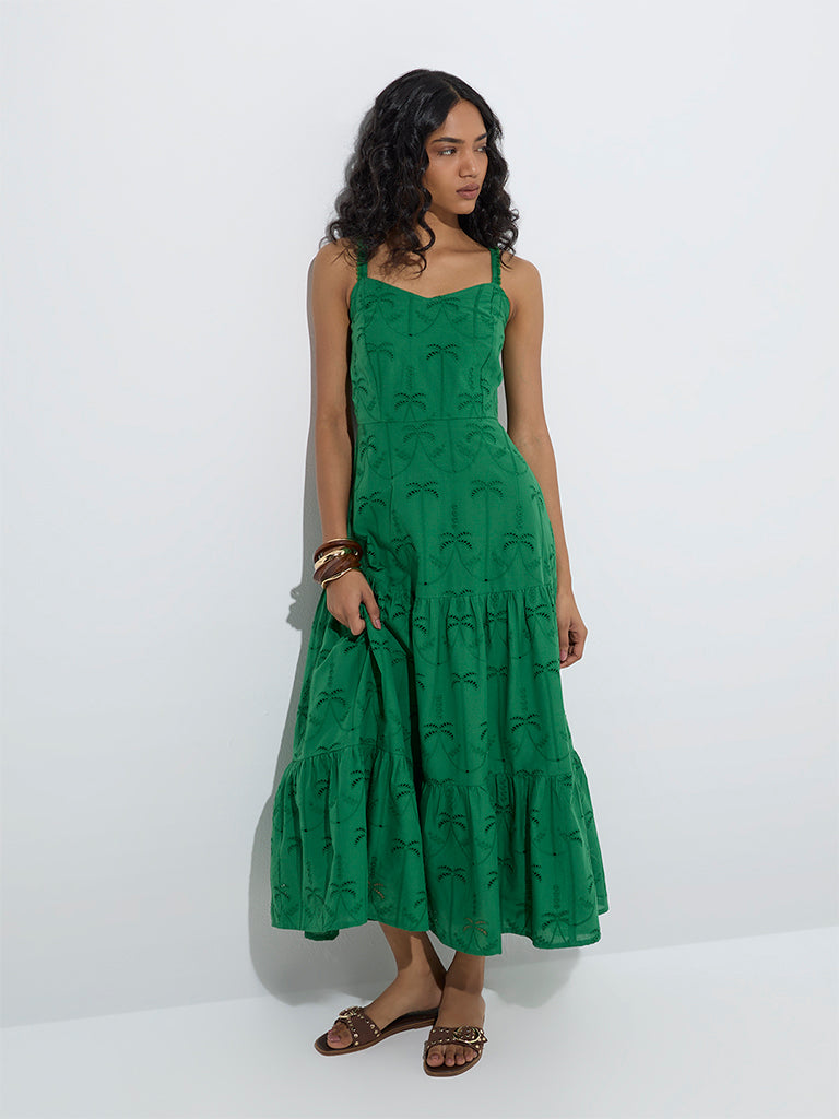 Westside LOV Women's Green Broderie Anglaise Cotton Tiered Dress for Casual Wear Full Model View