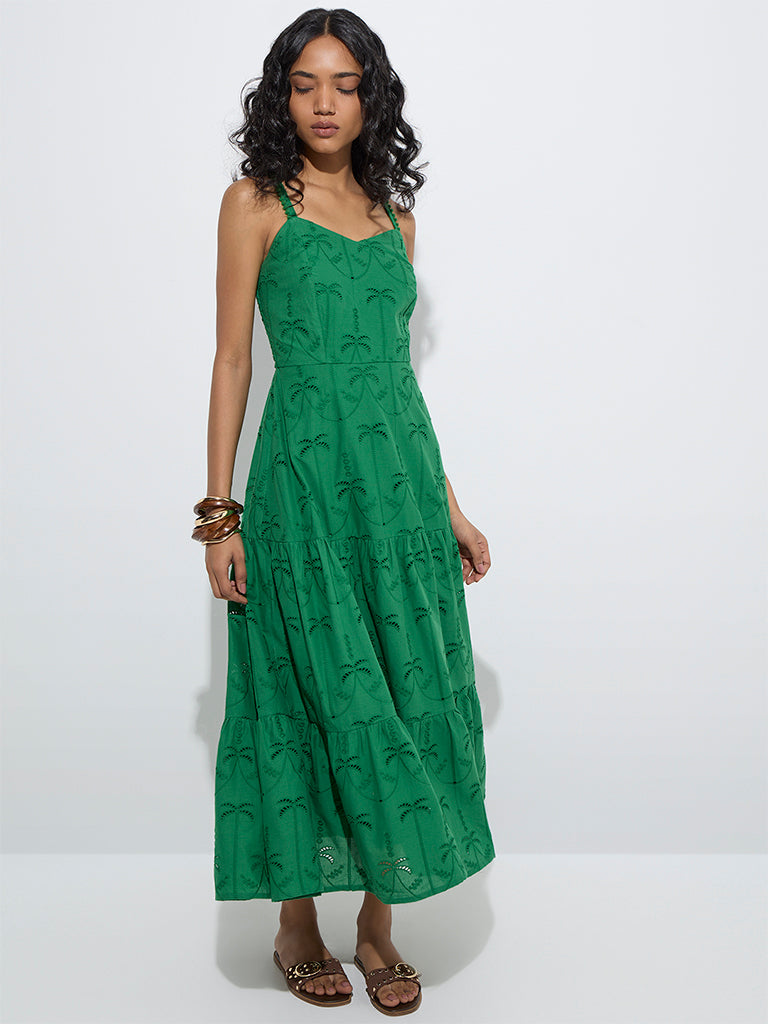 Westside LOV Women's Green Broderie Anglaise Cotton Tiered Dress for Casual Wear Front View
