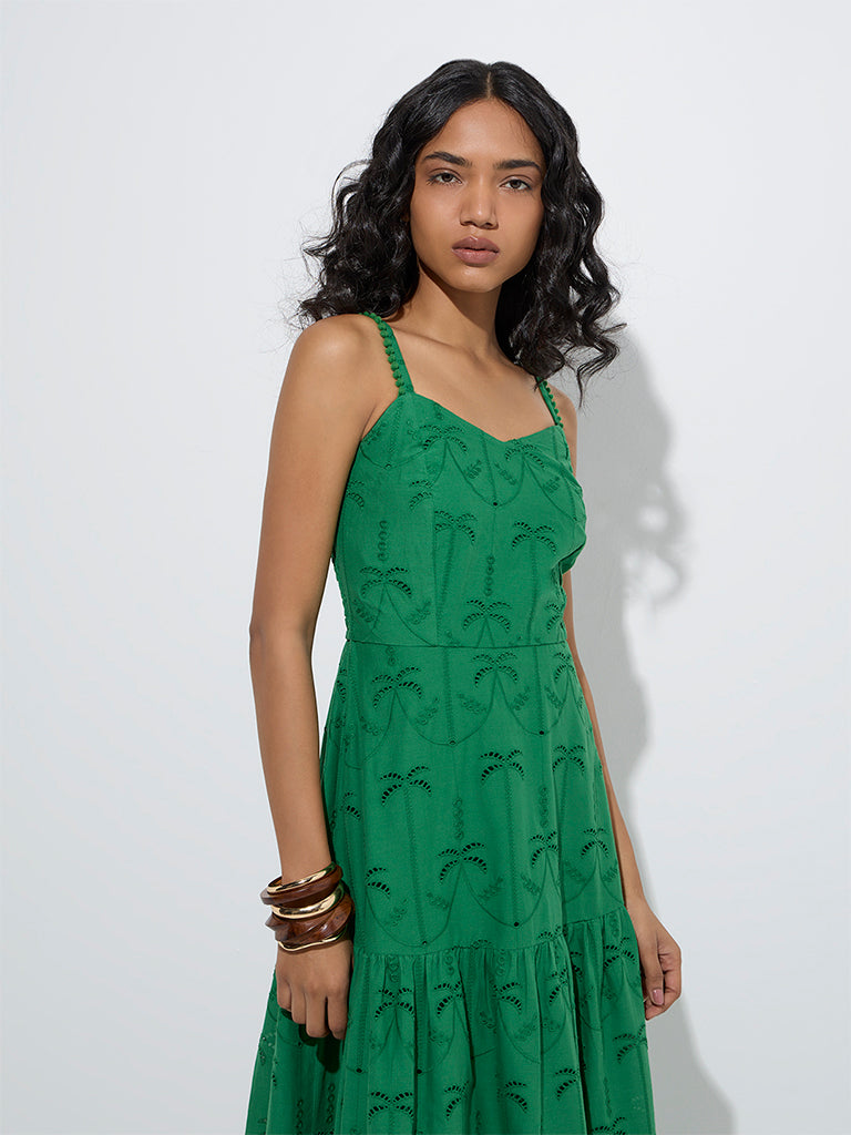 Westside LOV Women's Green Broderie Anglaise Cotton Tiered Dress for Casual Wear Zoom View