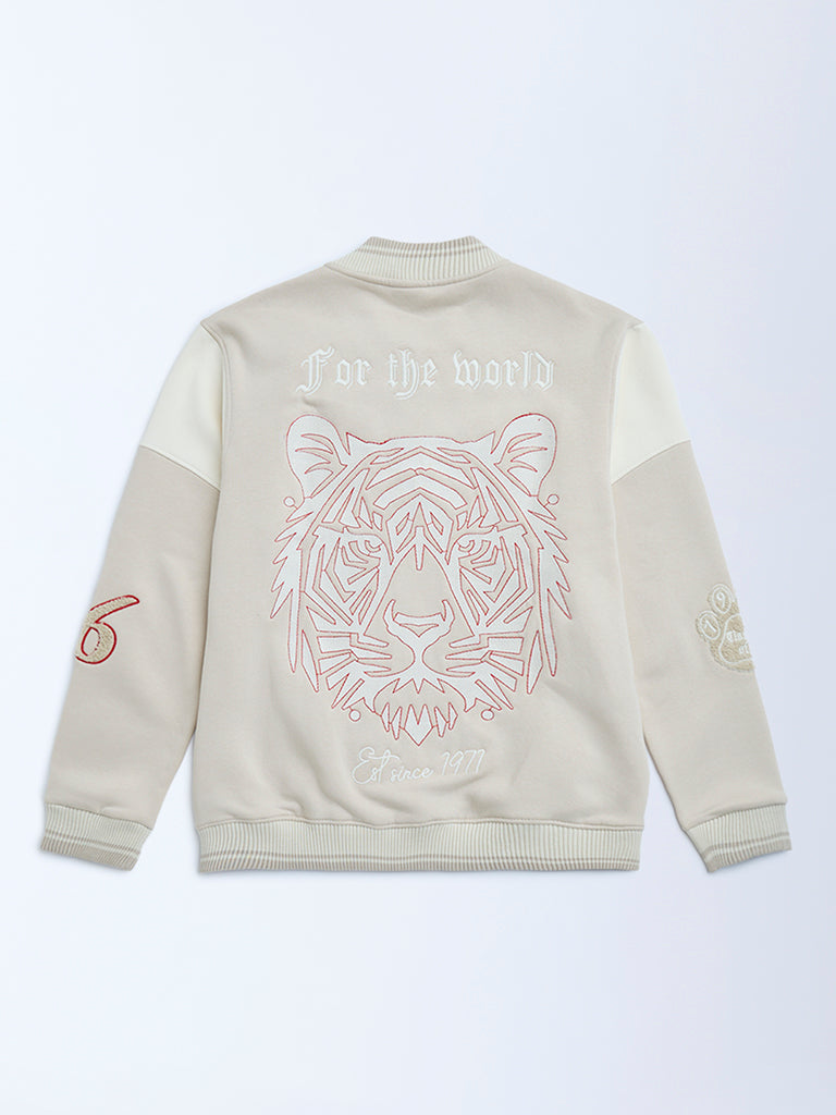 Boys Beige Animal Printed Cotton-Blend Varsity Jacket