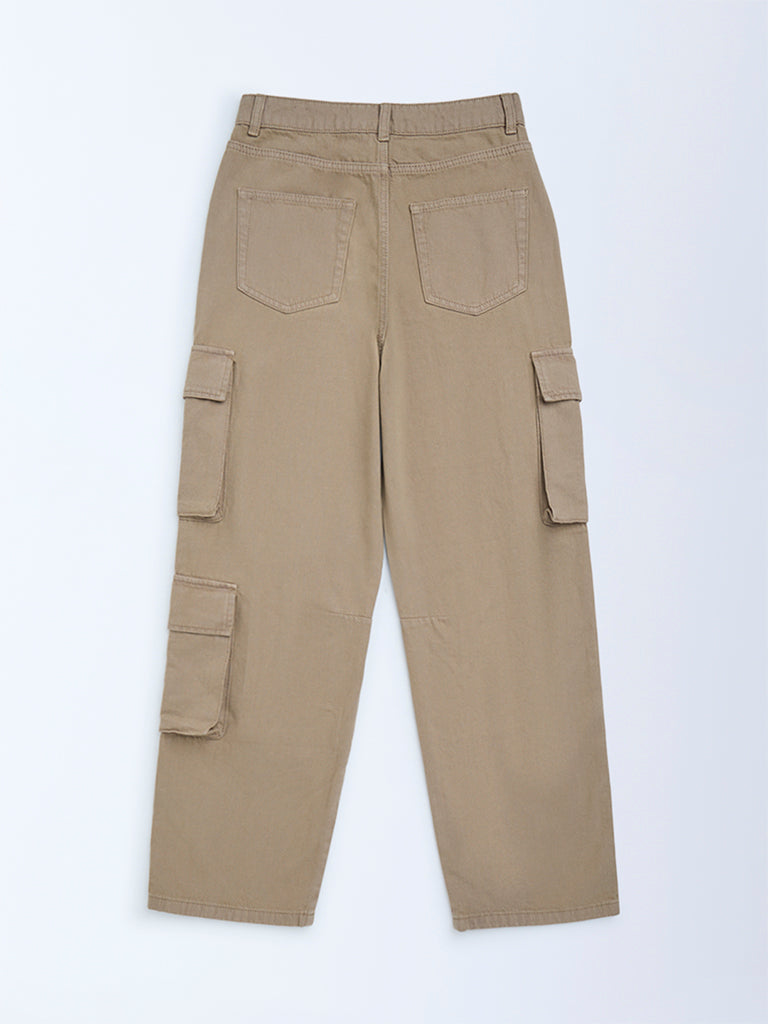 Y&F Kids Beige Relaxed-Fit Mid-Rise Cargo Jeans