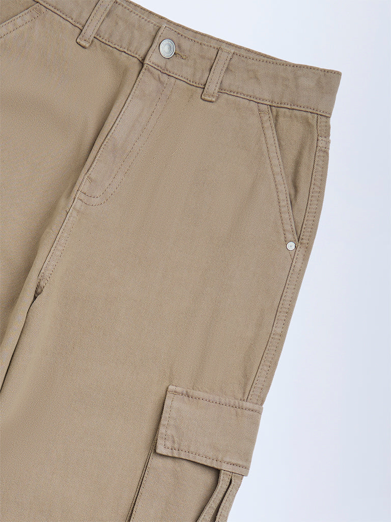 Y&F Kids Beige Relaxed-Fit Mid-Rise Cargo Jeans