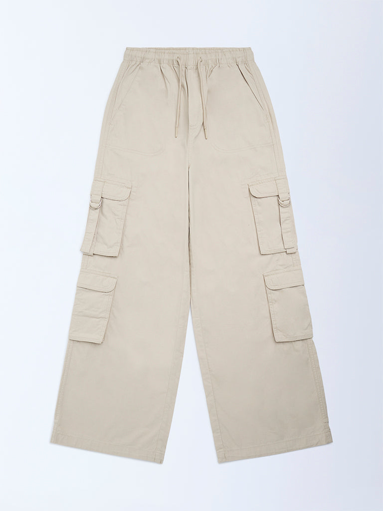 Girls Beige Cargo-Style High-Rise Cotton Pants