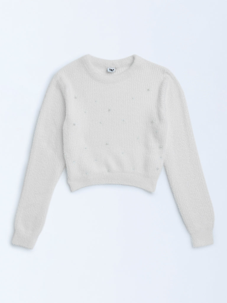 Girls White Pearl-Detailed Knitted Sweater