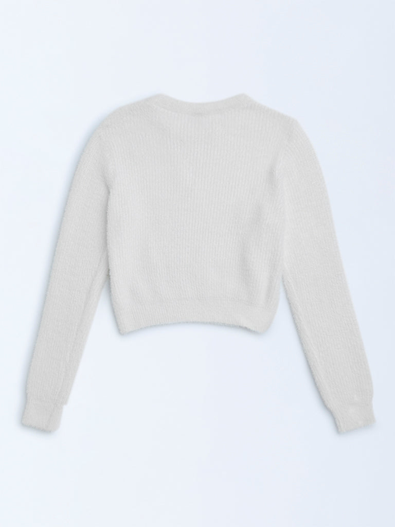 Girls White Pearl-Detailed Knitted Sweater
