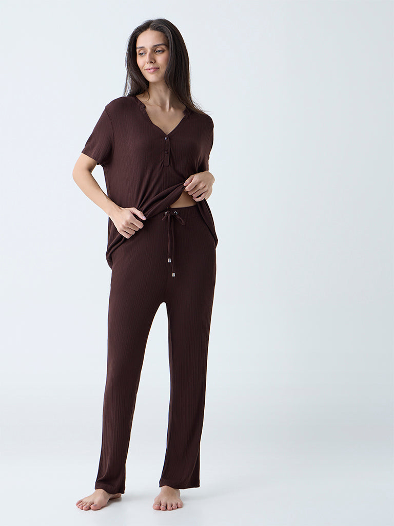 Wunderlove Dark Brown Ribbed-Textured High-Rise Pants