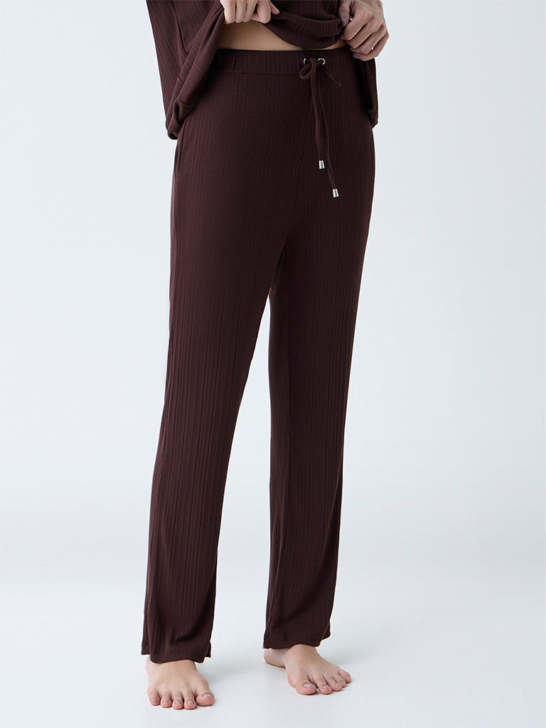 Wunderlove Dark Brown Ribbed-Textured High-Rise Pants