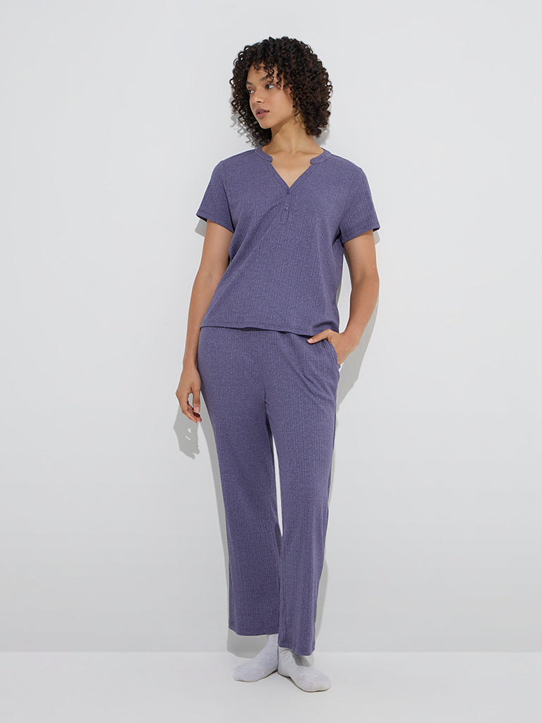 Westside Wunderlove Women's Purple Ribbed Henley T-Shirt for Casual Wear Full Model View