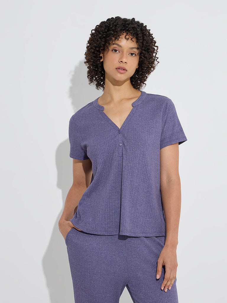 Westside Wunderlove Women's Purple Ribbed Henley T-Shirt for Casual Wear Front View