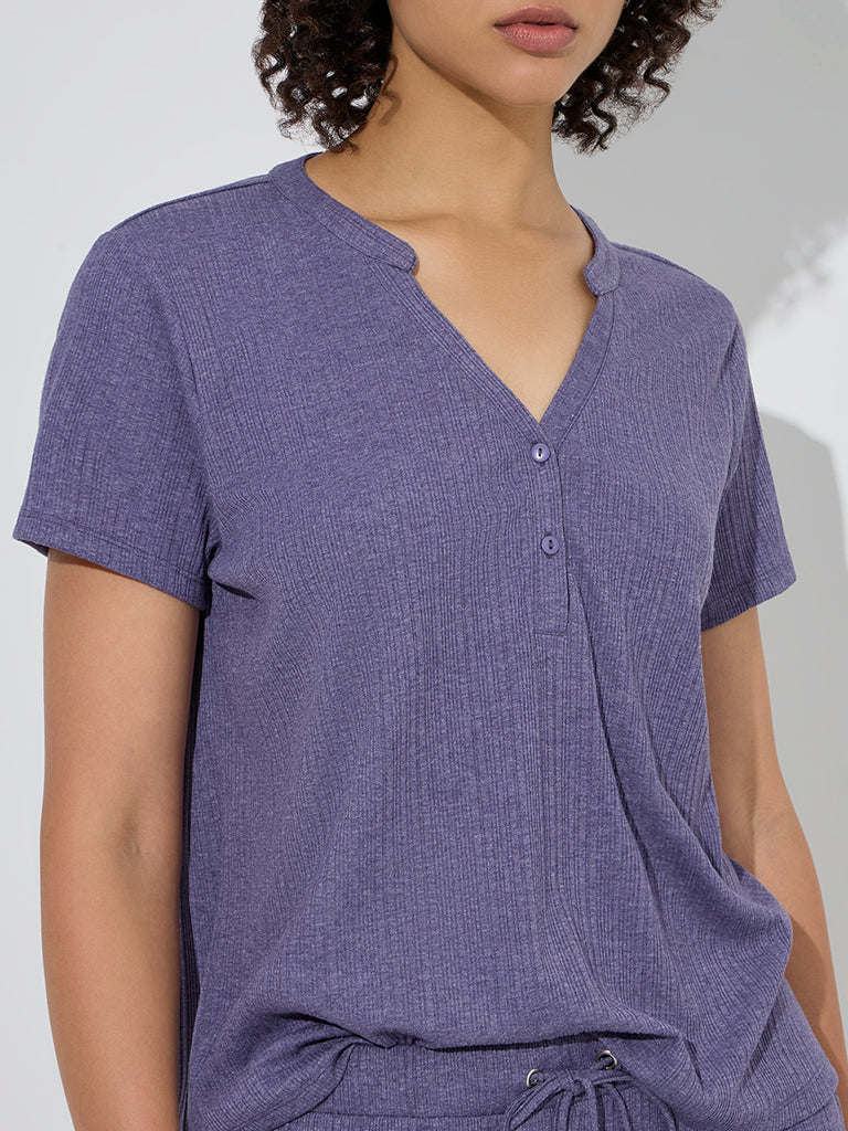Westside Wunderlove Women's Purple Ribbed Henley T-Shirt for Casual Wear Zoom View
