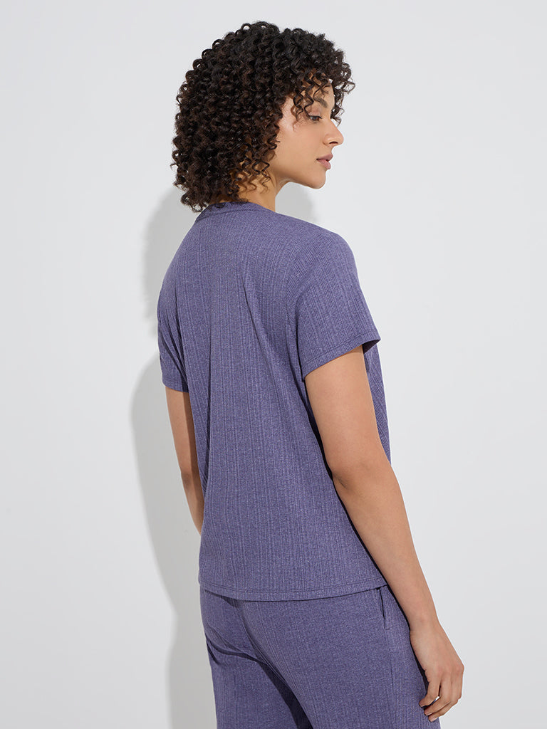 Westside Wunderlove Women's Purple Ribbed Henley T-Shirt for Casual Wear Back View