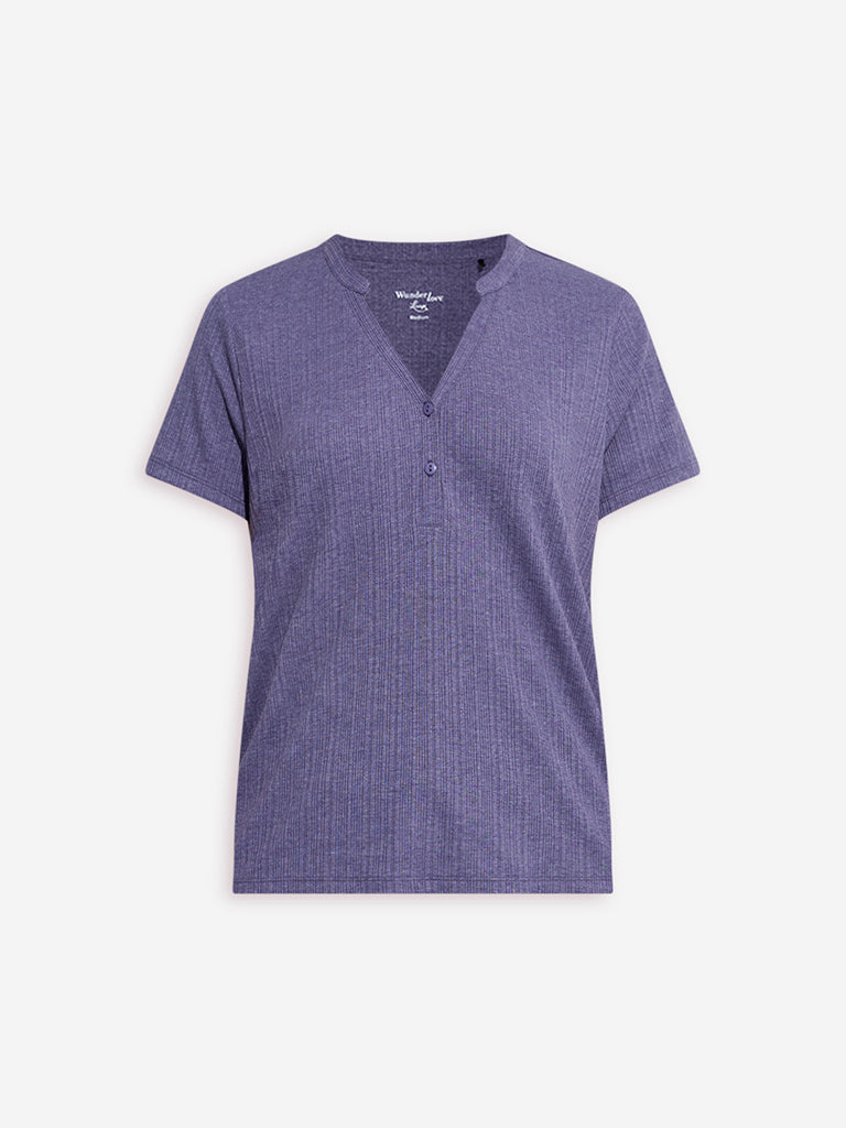 Westside Wunderlove Women's Purple Ribbed Henley T-Shirt for Casual Wear Flatly View