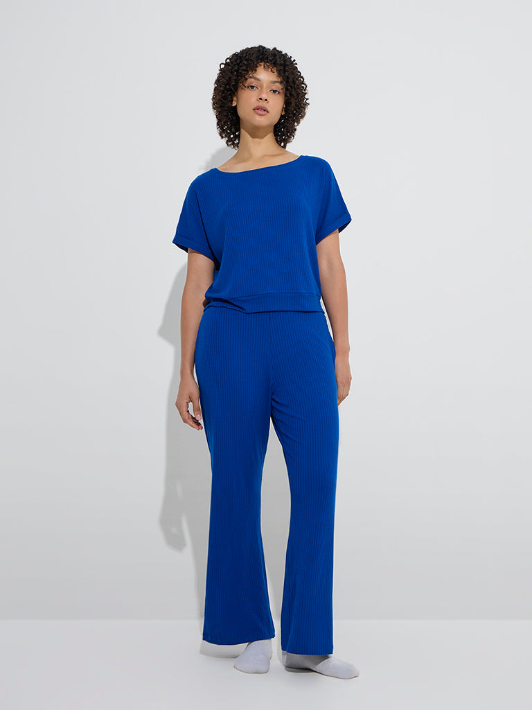 Westside Wunderlove Women's Blue Ribbed-Textured T-Shirt for Casual Wear Full Model View