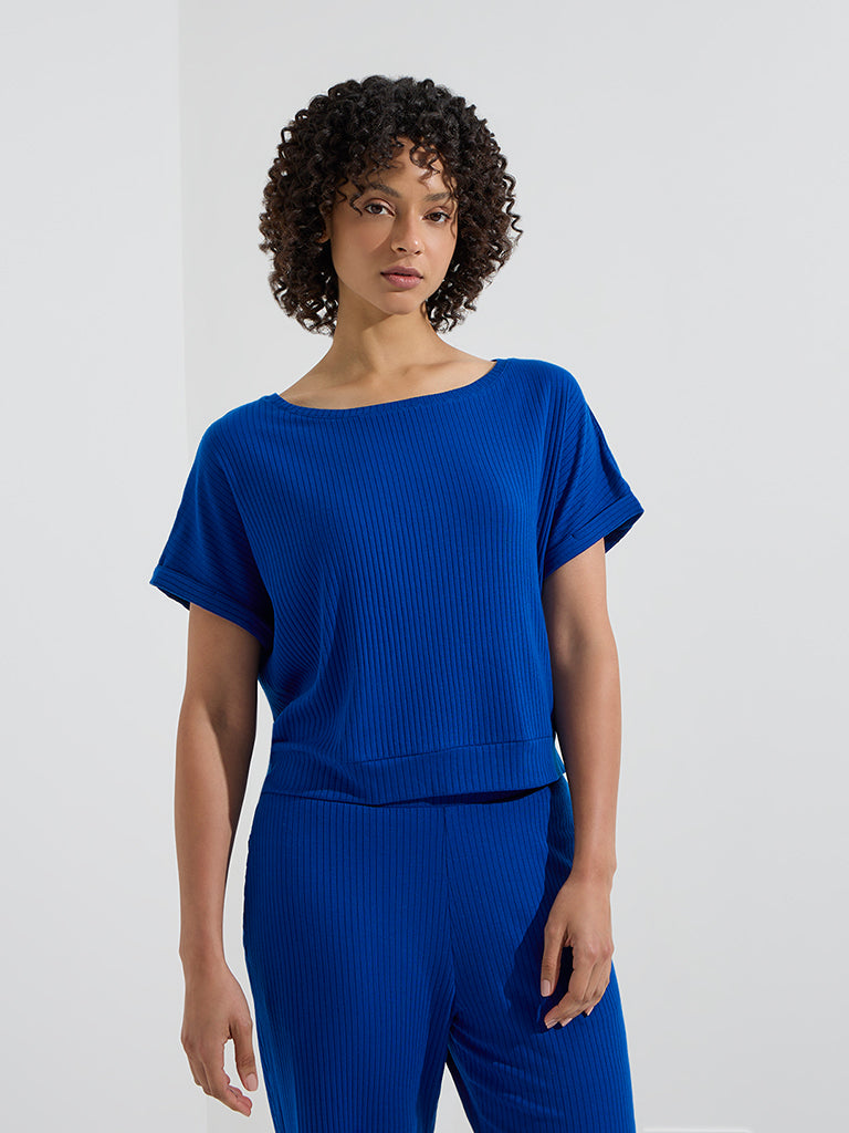 Westside Wunderlove Women's Blue Ribbed-Textured T-Shirt for Casual Wear Front View