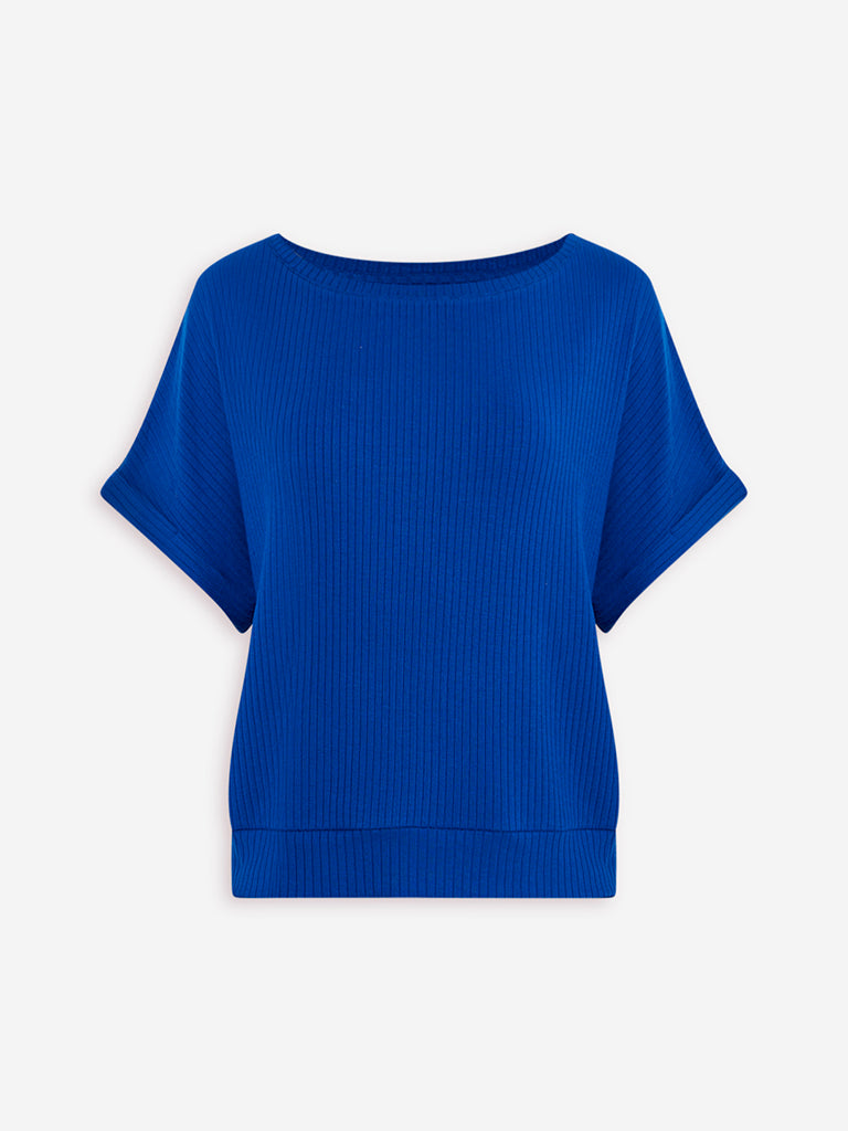 Westside Wunderlove Women's Blue Ribbed-Textured T-Shirt for Casual Wear Flatly View