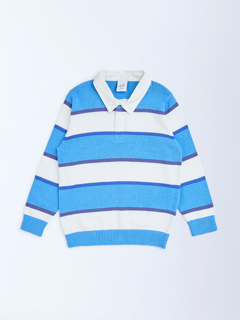 HOP Kids Boys Blue Striped Cotton Polo Sweater