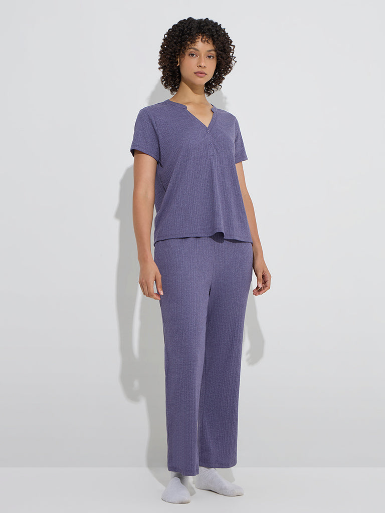 Westside Wunderlove Women's Purple Ribbed-Textured High-Rise Pants for Casual Wear Full Model View