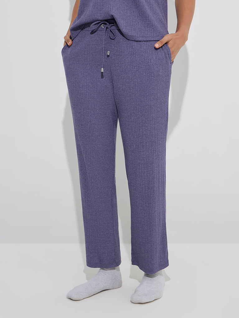 Westside Wunderlove Women's Purple Ribbed-Textured High-Rise Pants for Casual Wear Front View
