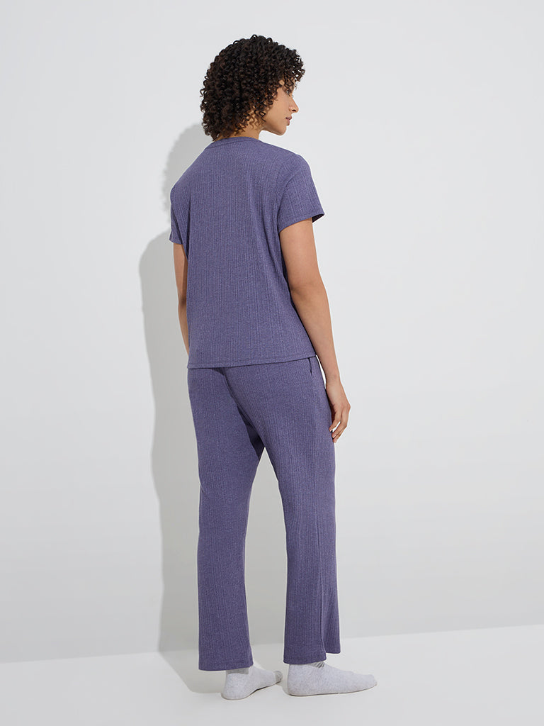 Westside Wunderlove Women's Purple Ribbed-Textured High-Rise Pants for Casual Wear Back View