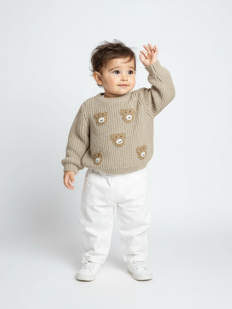 Westside HOP Baby Boys Beige Teddy Embroidered Sweater for Winter Wear Full View