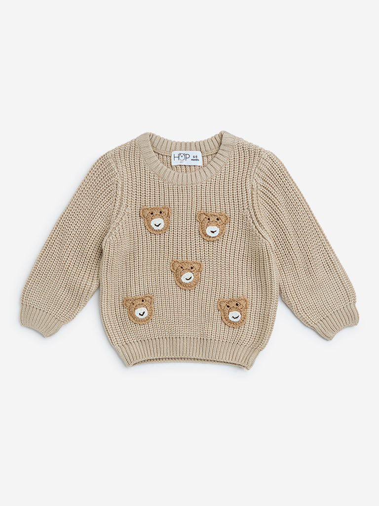 Westside HOP Baby Boys Beige Teddy Embroidered Sweater for Winter Wear Front view