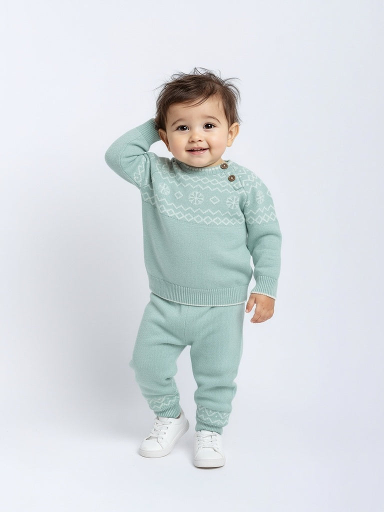 Westside HOP Baby Boys Mint Printed Cotton Sweater with Joggers Set for Winter Wear Full View