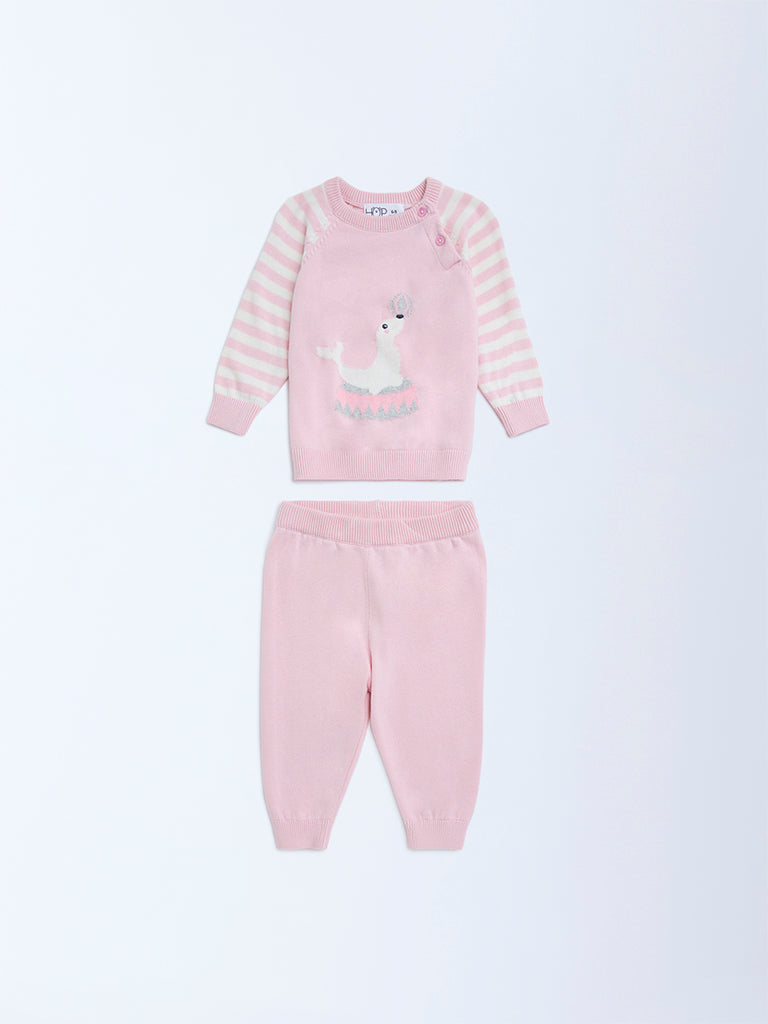 HOP Baby Pink Animal Design Cotton Sweater with Joggers Set