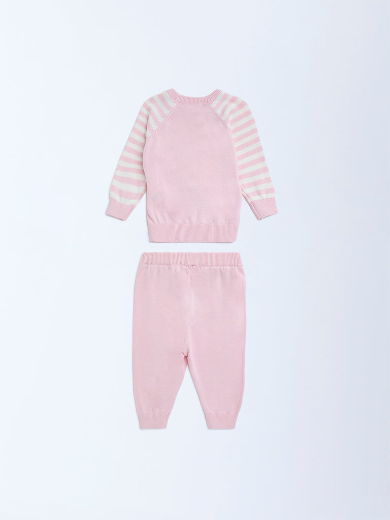 HOP Baby Pink Animal Design Cotton Sweater with Joggers Set