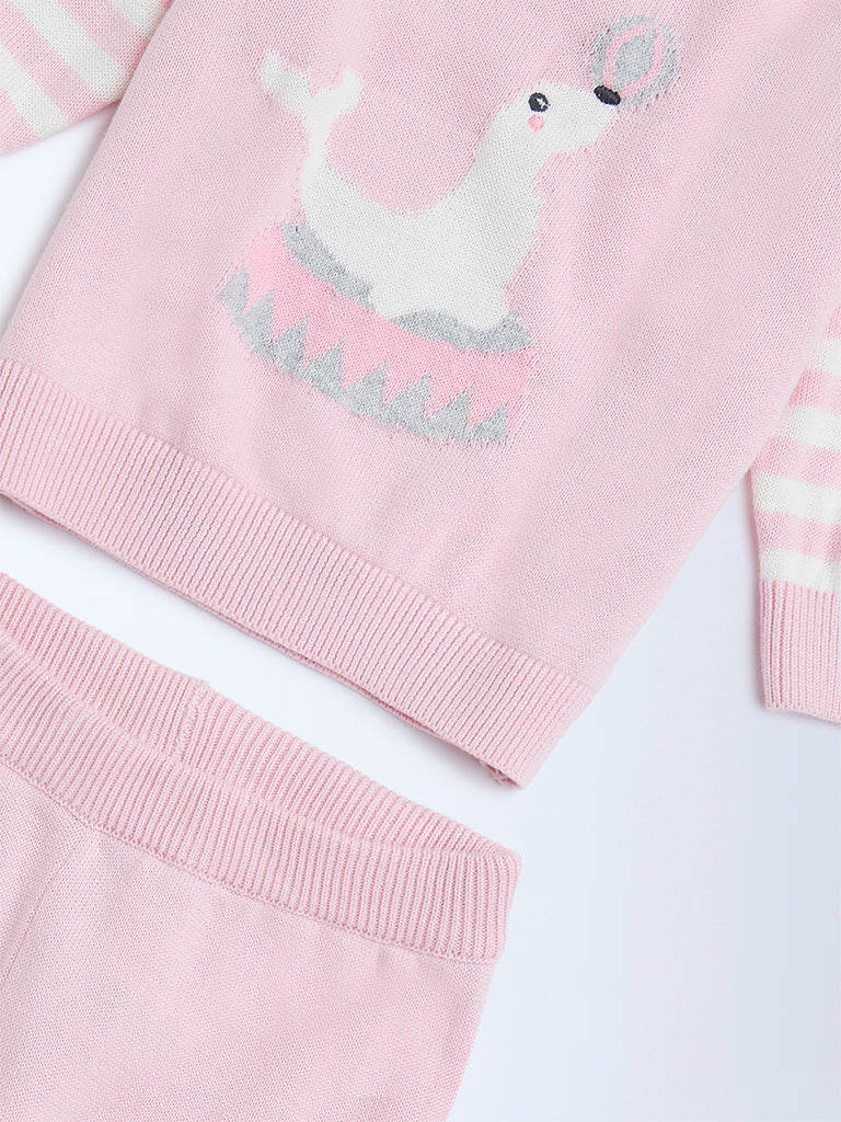 HOP Baby Pink Animal Design Cotton Sweater with Joggers Set