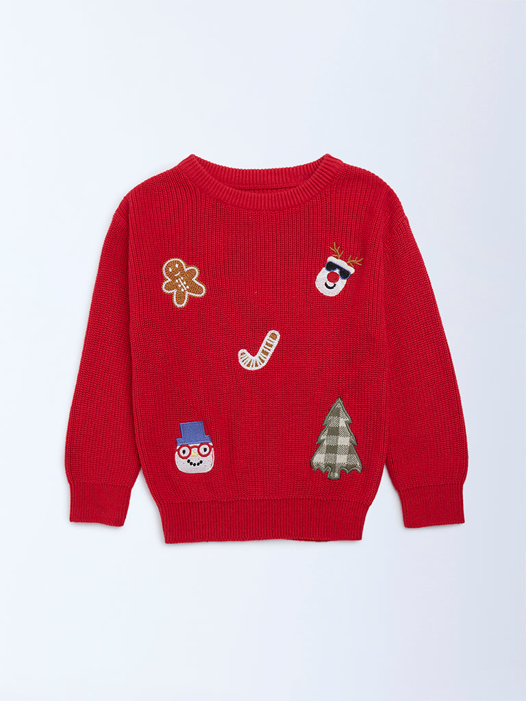 HOP Kids Boys Red Christmas-Themed Cotton Sweater