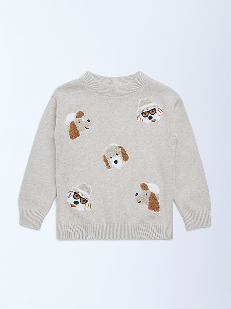 HOP Kids Boys Beige Animal Embroidered Cotton Sweater