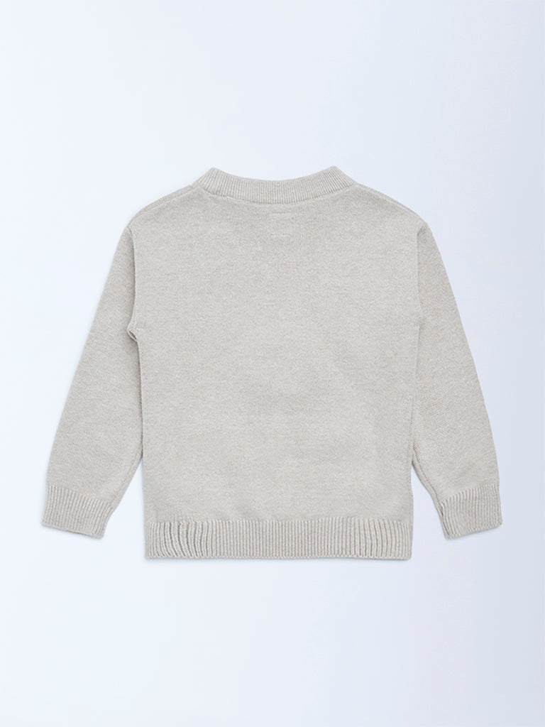 HOP Kids Boys Beige Animal Embroidered Cotton Sweater