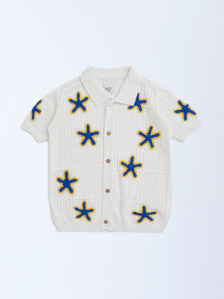 Westside HOP Kids Off-White Crochet Detailed Cotton Shirt for Casual Wear Front View