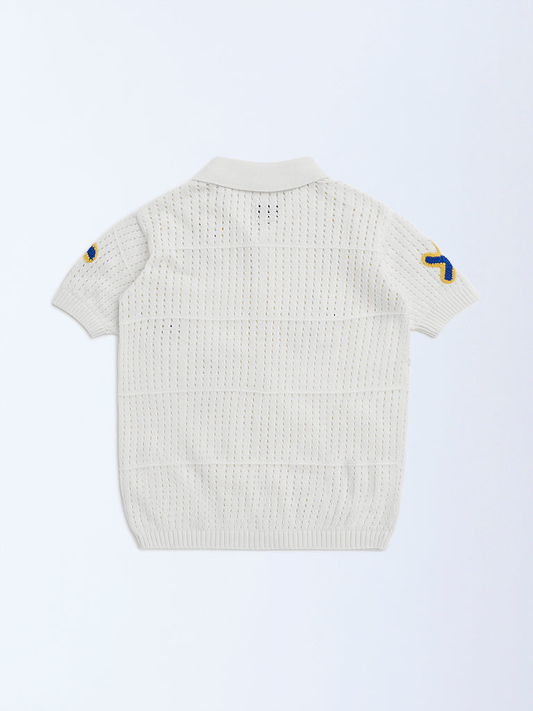 Westside HOP Kids Off-White Crochet Detailed Cotton Shirt for Casual Wear Back View