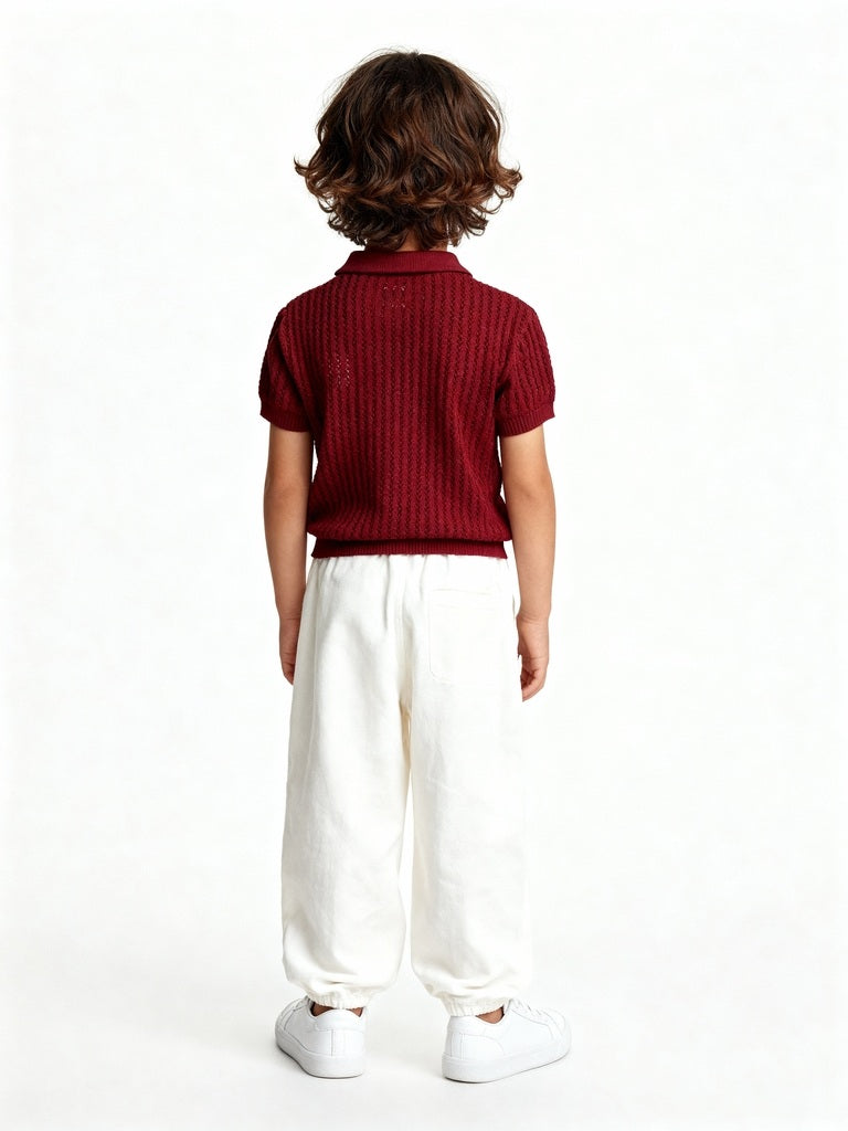 HOP Kids Boys Red Knit-Textured Cotton T-Shirt