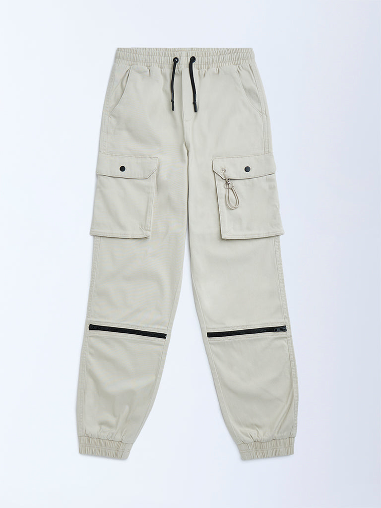 Boys Cream Mid-Rise Cotton-Blend Joggers