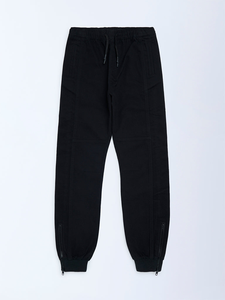 Boys Black Solid Mid-Rise Cotton-Blend Joggers