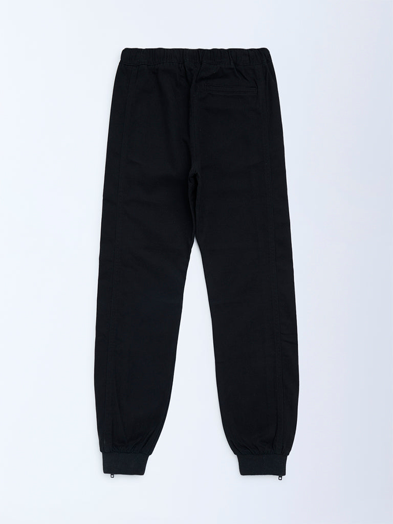 Boys Black Solid Mid-Rise Cotton-Blend Joggers