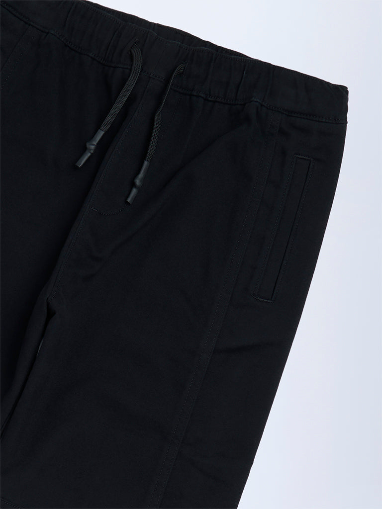 Boys Black Solid Mid-Rise Cotton-Blend Joggers