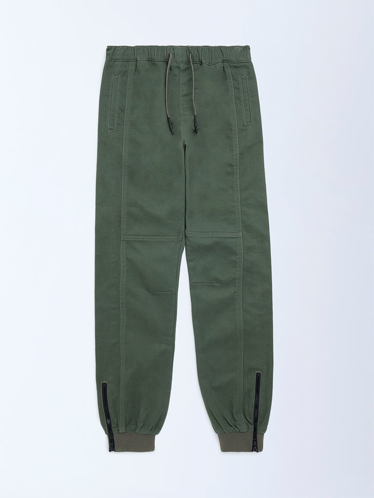 Boys Olive Mid-Rise Cotton-Blend Joggers