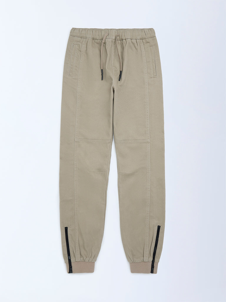 Boys Taupe Mid-Rise Cotton-Blend Joggers