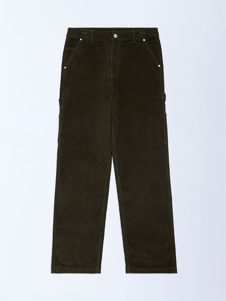Boys Olive Relaxed-Fit Mid-Rise Cotton-Blend Trousers