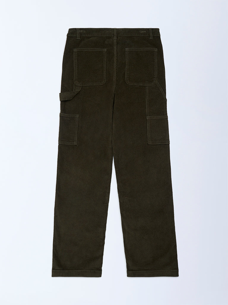 Boys Olive Relaxed-Fit Mid-Rise Cotton-Blend Trousers